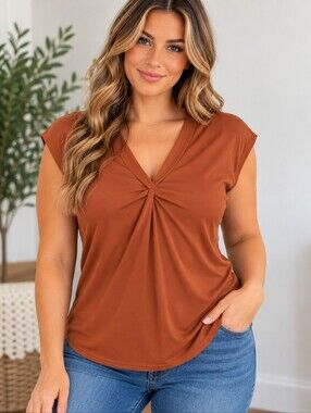 Green Envelope Women’s Large Rust Twist Front V Neck Blouse Top